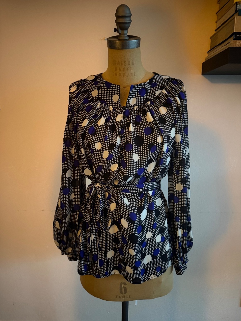 "Milly of New York".  Cobalt Blue, Black & White Polka Dot Size XS Tunic  Blouse